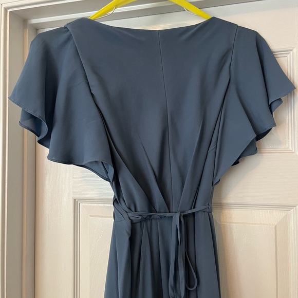 David’s Bridal Flutter Sleeve Georgette Wrap Dress Steel Blue - Picture 4 of 6